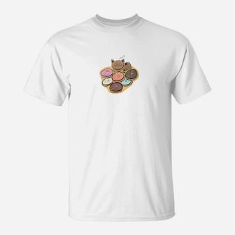 Cute Cat And Donuts Watercolor T-Shirt - Seseable
