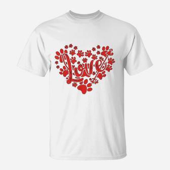 Cute Heart Paws Print Valentine Present For Dog Cat Lovers T-Shirt - Seseable