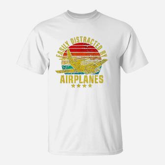 Easily Distracted By Airplanes Funny Vintage Retro Pilot T-Shirt - Seseable