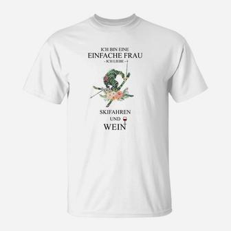 Einfache Frau T-Shirt: Skifahren & Wein, Lustiges Shirt für Vino-Fans - Seseable