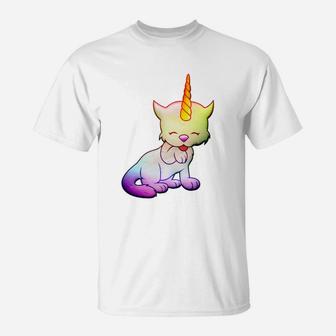 Einhorn-Katze T-Shirt, Weißes Cartoon-Design für Tierfreunde - Seseable