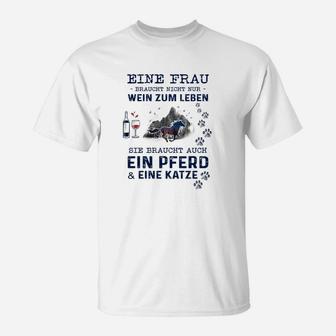 Frau, Wein, Pferd & Katze Spruch T-Shirt, Lustiges Damen Tee - Seseable