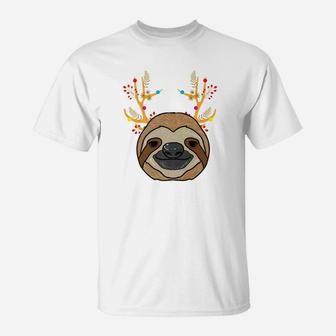 Funny Sloth Antlers Christmas T-Shirt - Seseable