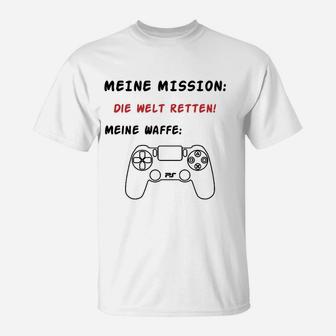 Gamer T-Shirt Mission: Welt Retten mit Spielcontroller, Weiß - Seseable