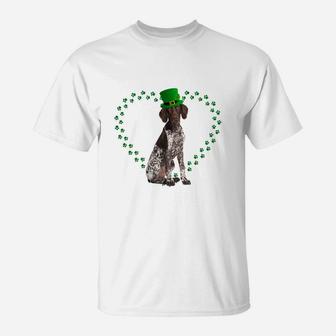 German Shorthair Pointer Heart Paw Leprechaun Hat Irish St Patricks Day Gift For Dog Lovers T-Shirt - Seseable
