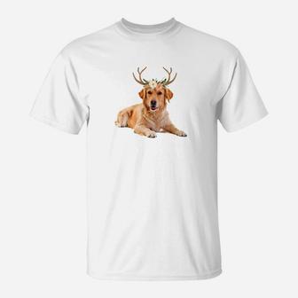 Golden Retriever Dog Reindeer Antlers Funny Christmas Shirt T-Shirt - Seseable