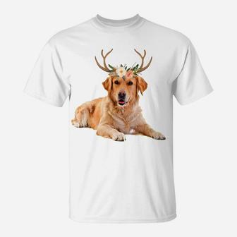 Golden Retriever Dog Reindeer Antlers Funny Christmas T-Shirt - Seseable