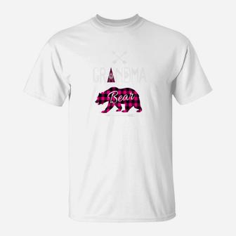 Grandma Bear Buffalo Plaid Pink Family Xmas Camping T-Shirt - Seseable