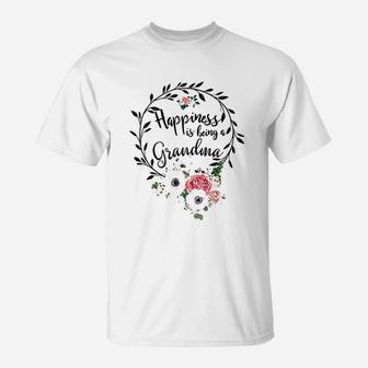 Happiness Is Being A Grandma Floral Grandma T-Shirt - Seseable