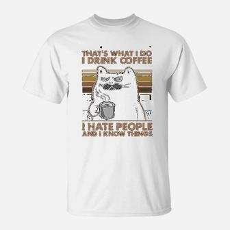 I Drink Coffee I Hate People And I Know Things Black Cat T-Shirt - Seseable