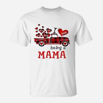 I Love Being A Mama Red Plaid Truck Heart T-Shirt - Seseable