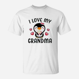I Love My Grandma With Cute Penguin And Hearts T-Shirt - Seseable