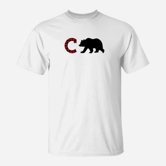 Letter C Monogram Bear Buffalo Plaid Christmas T-Shirt - Seseable