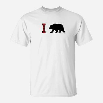 Letter I Monogram Bear Buffalo Plaid Christmas T-Shirt - Seseable