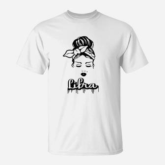 Libra Zodiac Sign Messy Bun Retro Vintage Birthday T-Shirt - Seseable