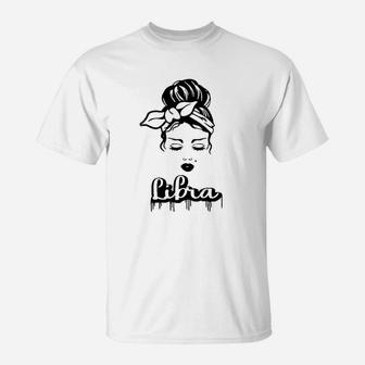 Libra Zodiac Sign Messy Bun Retro Vintage Birthday T-Shirt - Seseable