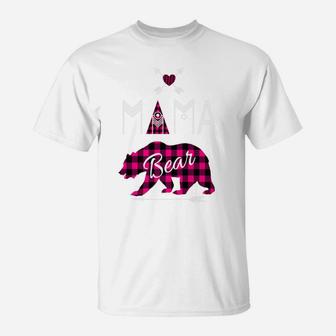 Mama Bear Pink Buffalo Plaid Family Christmas Camping T-Shirt - Seseable