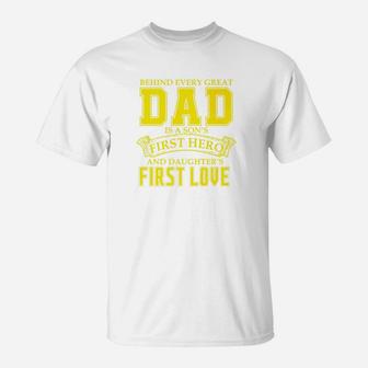 Mens Dad A Sons Hero A Daughters First Love Fathers Day Premium T-Shirt - Seseable