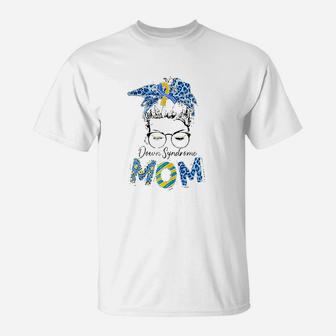 Messy Bun Leopard Blue Yellow Ribbon Syndrome Mom T-Shirt - Seseable