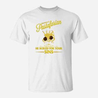Pastafarian Lustiges T-Shirt: Er kochte für deine Sünden, Spaghetti-Monster Motiv - Seseable