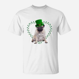 Pug Heart Paw Leprechaun Hat Irish St Patricks Day Gift For Dog Lovers T-Shirt - Seseable