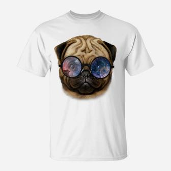 Pug Puppy In Retro Space Galaxy Round Sunglass Dog T-Shirt - Seseable