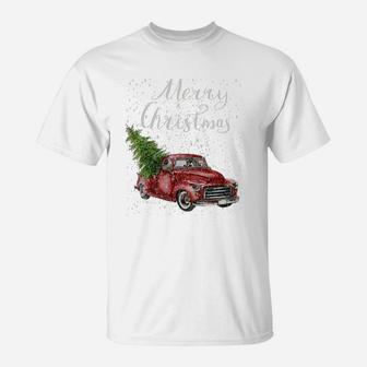 Red Truck Christmas Tree Vintage Red Pickup Truck Tee T-Shirt - Seseable