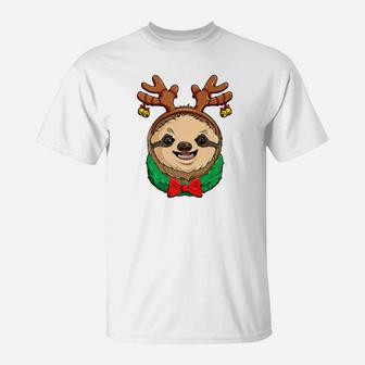 Sloth Christmas Reindeer Antlers Slothmas Xmas Girls T-Shirt - Seseable