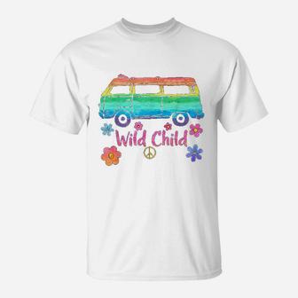 Vintage Hippie Bus Rainbow Van Squad Car Wild Child T-Shirt - Seseable