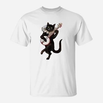 Vintage Silly Weird Cat Playing Banjo Country Cat Lover T-Shirt - Seseable