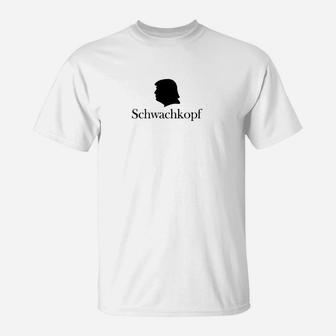 Weißes T-Shirt mit Silhouetten-Aufdruck Schwachkopf, Lustiges Motiv - Seseable