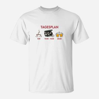 Weißes T-Shirt mit Tagesplan Motiv: Kaffee, Gaming, Bier Icons - Seseable