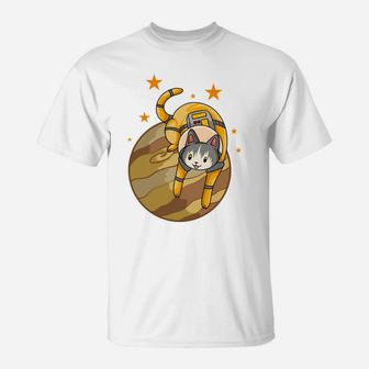 Yellow Cartoon Cat Astronaut Flying In Space Pet Gift T-Shirt - Seseable