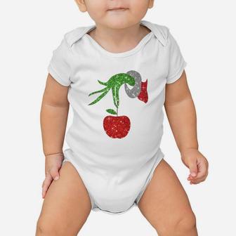 Grinch Hand Holding Apple Twinkle Ornament Christmas Baby Onesie - Seseable