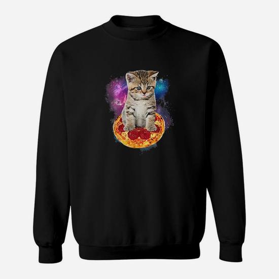 Funny Galaxy Cat Space Cat Eat Pizza And Taco Sweat Shirt Seseable CA