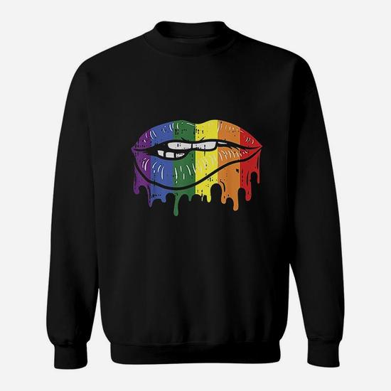 Lip Bite Gay Pride Rainbow Flag Drip Art Lgbt Lesbian Gift Sweatshirt Seseable UK