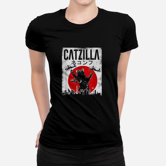 Vintage Catzilla Japanese Sunset Style Cat Kitten Love Ladies Tee