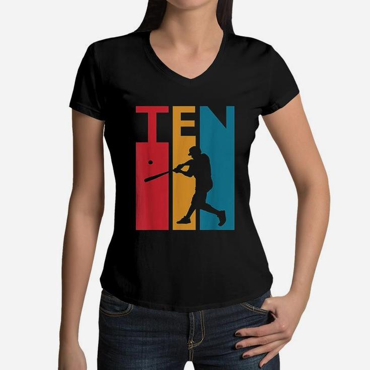 10th Birthday Gift Ten Vintage Baseball Birthday 10 Year Old  Women V-Neck T-Shirt