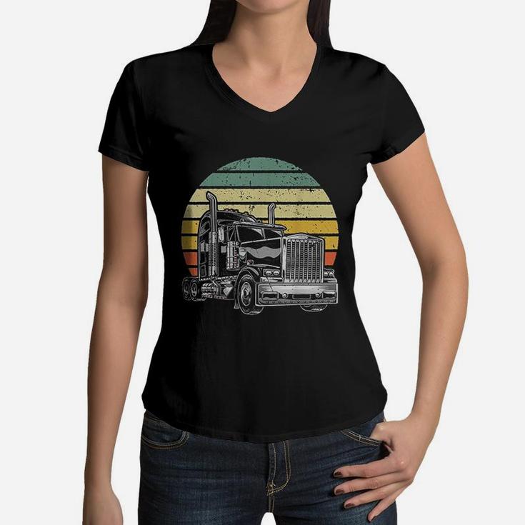 Retro Vintage Trucker Big Rig Semi Trailer Truck Driver Gift Women V-Neck T-Shirt