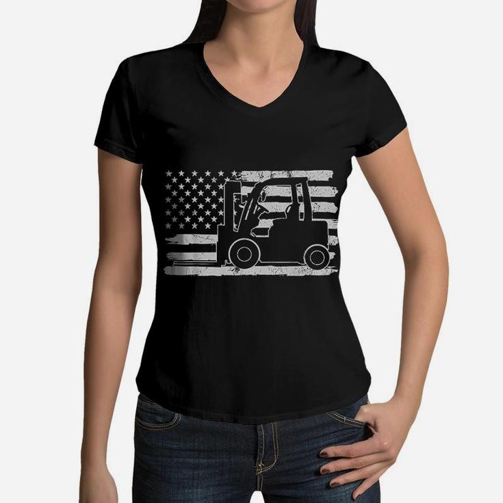 4th Of July Forklift Driver Usa Us Flag States Vintage Women V-Neck T-Shirt
