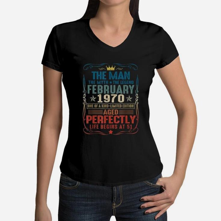 52nd Years Old Gift Vintage February 1970 Vintage 1970 Women V-Neck T-Shirt