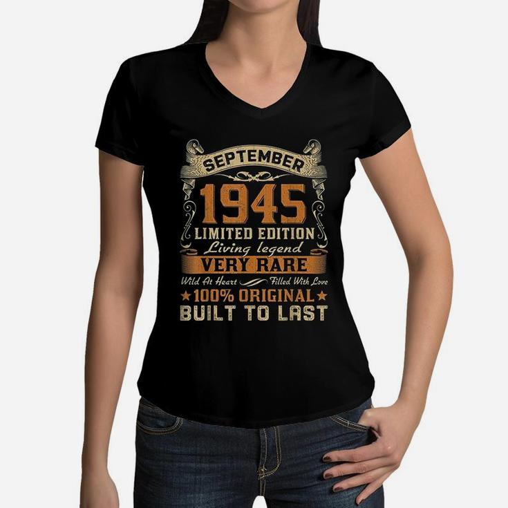 77th Birthday Gift 77 Years Old Retro Vintage September 1945  Women V-Neck T-Shirt