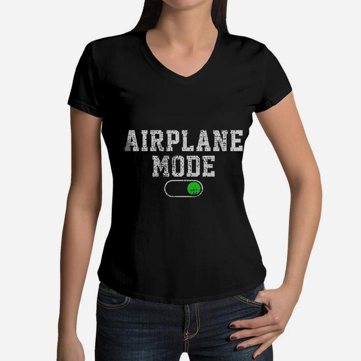 Airplane Mode On Vacation Summer Piolot Aviator Vintage Women V-Neck T-Shirt