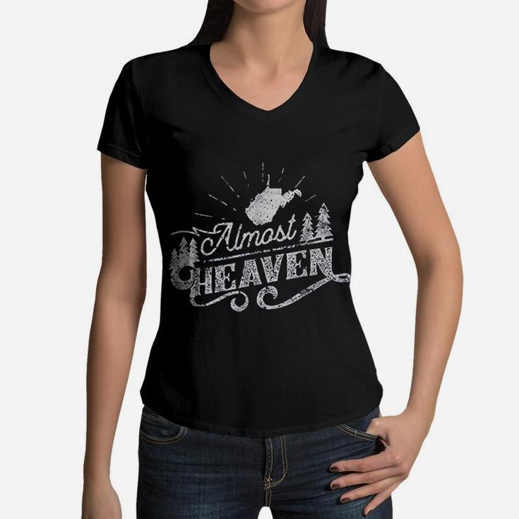 Almost Heaven West Virginia Vintage Distressed One Color Women V-Neck T-Shirt