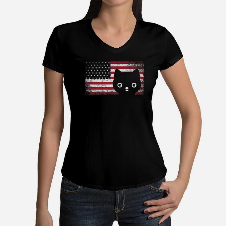American Flag Cat Lover Meowica July 4th Usa Fur Mom Dad Premium Women V-Neck T-Shirt