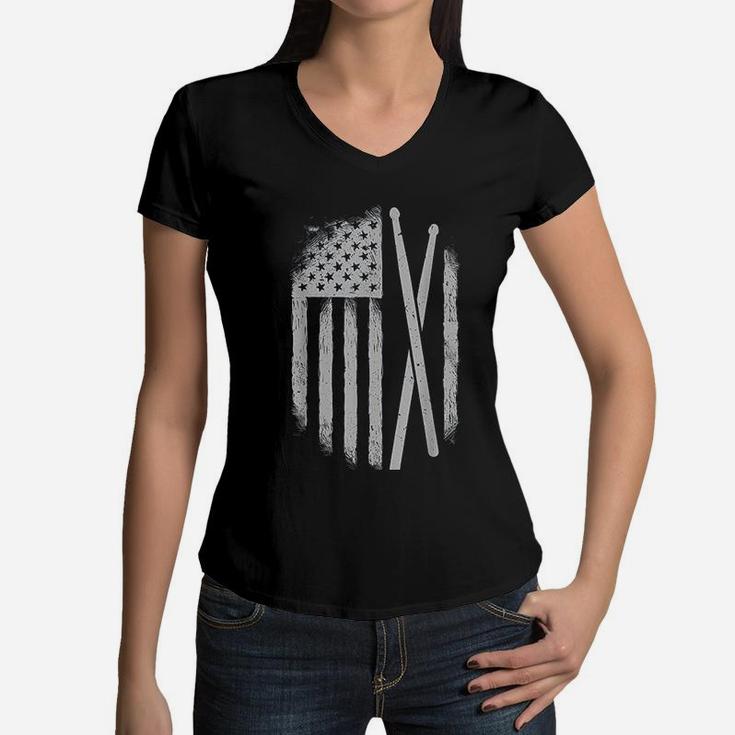 American Flag Drumsticks Usa Drummers Vintage Drum Sticks Women V-Neck T-Shirt