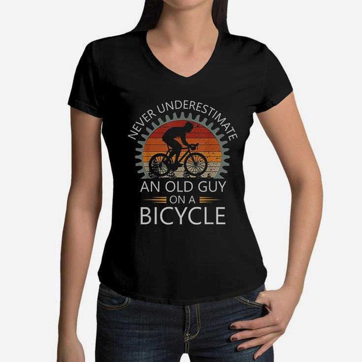 An Old Guy On A Bicycle Cycling Vintage Never Underestimate Women V-Neck T-Shirt
