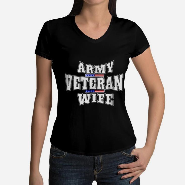 Army Veteran Proud Wife American Flag Pride Gift Women V-Neck T-Shirt