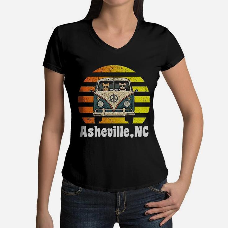 Asheville Nc Road Trip Retro Vintage Hippie Van Women V-Neck T-Shirt