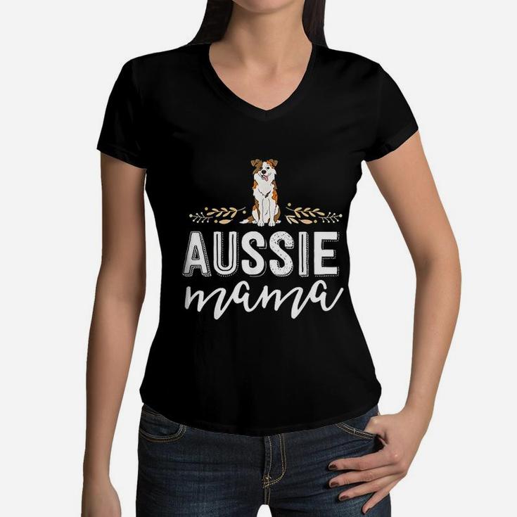 Aussie Mama Red Merle Australian Shepherd Farm Dog Mom Women V-Neck T-Shirt